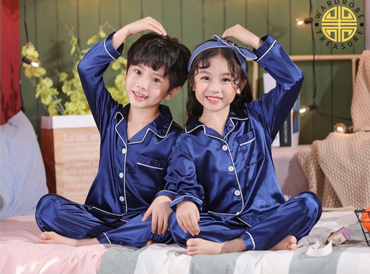 Berry Blue Silk Night Suit For Kids