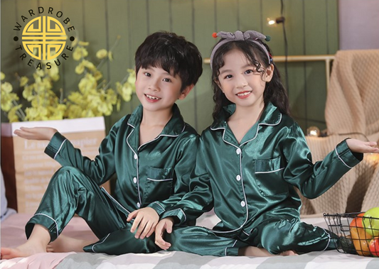 Forest Green Silk PJ Set For Kids