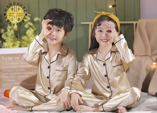 Light Golden Silk Night Suit For Kids