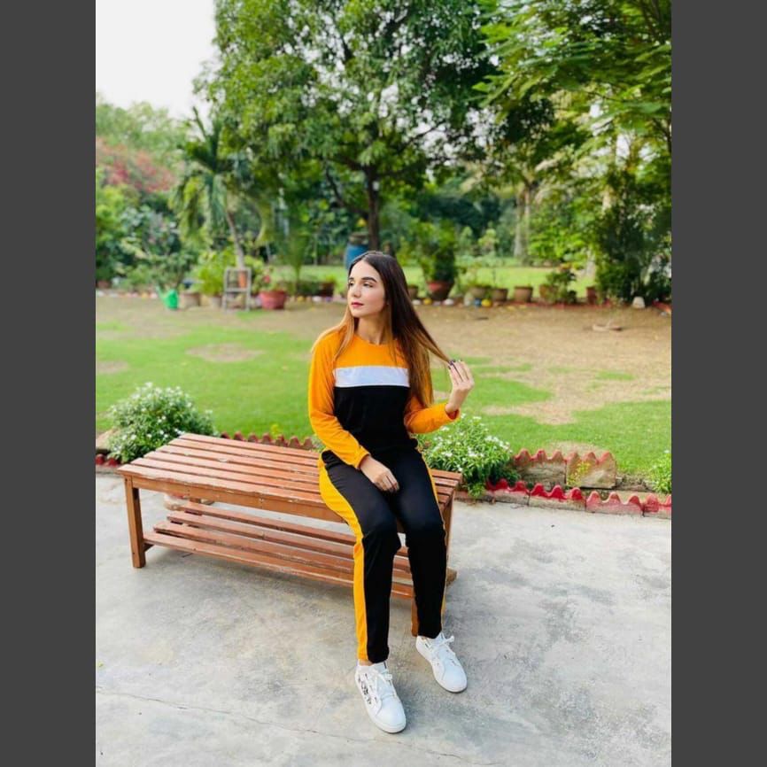 Yellow Straight Panel Full Sleeves Tracksuit For Her