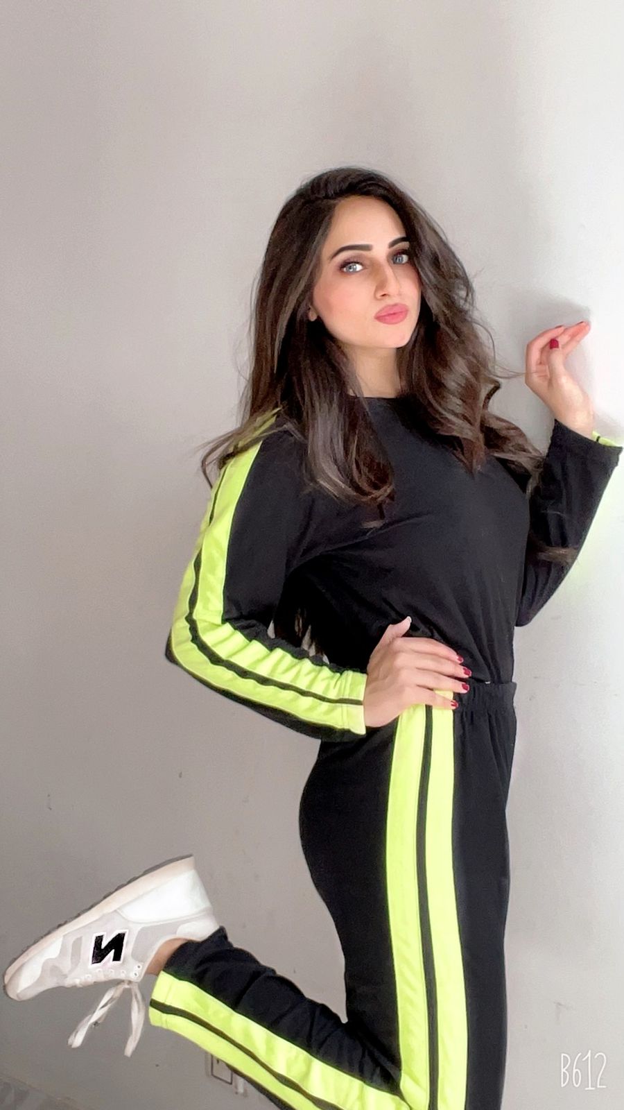 Black with Neon Double Stripe Full Sleeves Tracksuit For Her