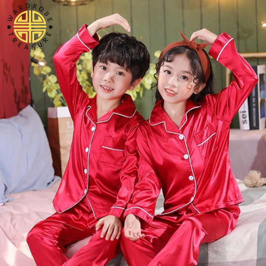 Candy Red Silk Night Suit For Kids