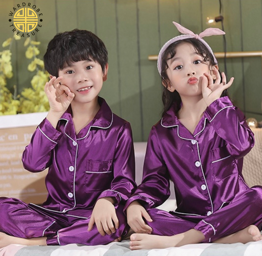 Violet Purple Silk Night Suit For Kids