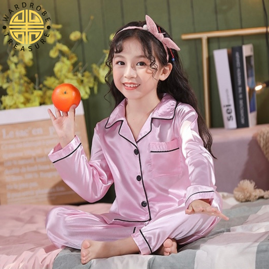 Baby Pink Silk Night Suit For Kids