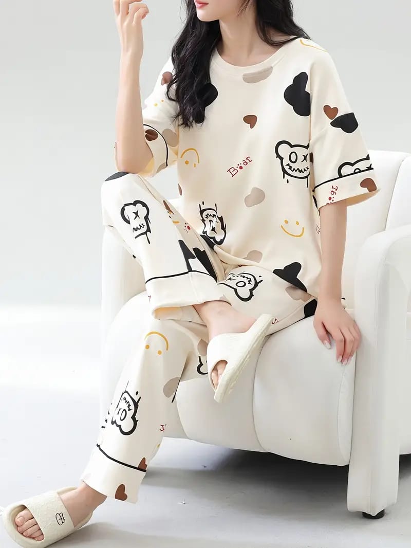Off White Multi Emojis Printed PJ Set For Her