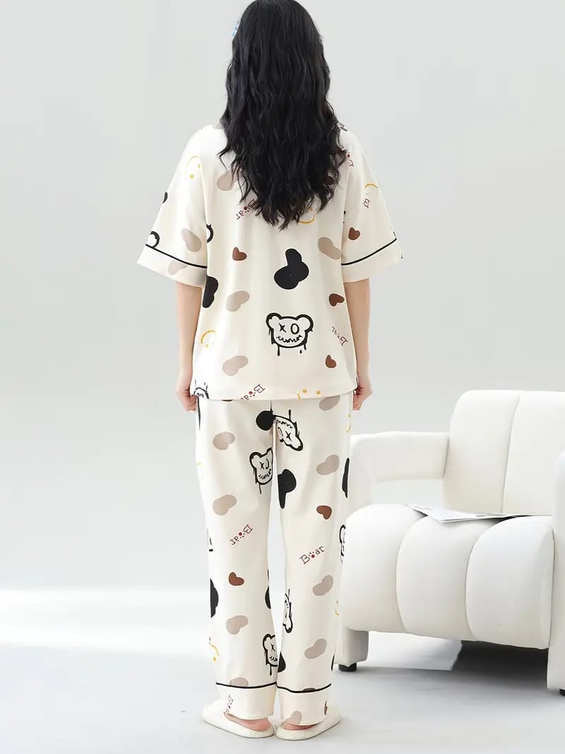 Off White Multi Emojis Printed PJ Set For Her