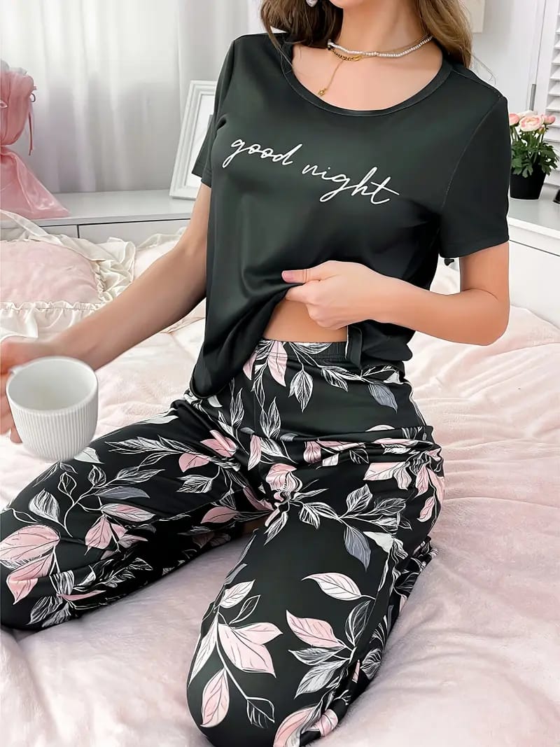 Black Good Night Printed with Floral Printed Pyjama Set For Her