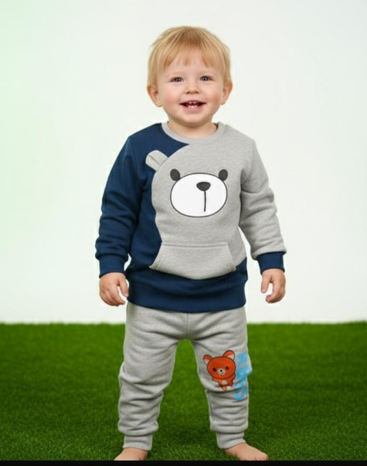 Zinc Blue with Grey Bear Printed Sweatshirt with Grey Printed Trouser For Kids