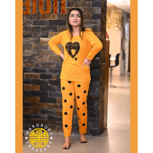 Yellow Puzzle Heart Printed Casual PJ Set For Her