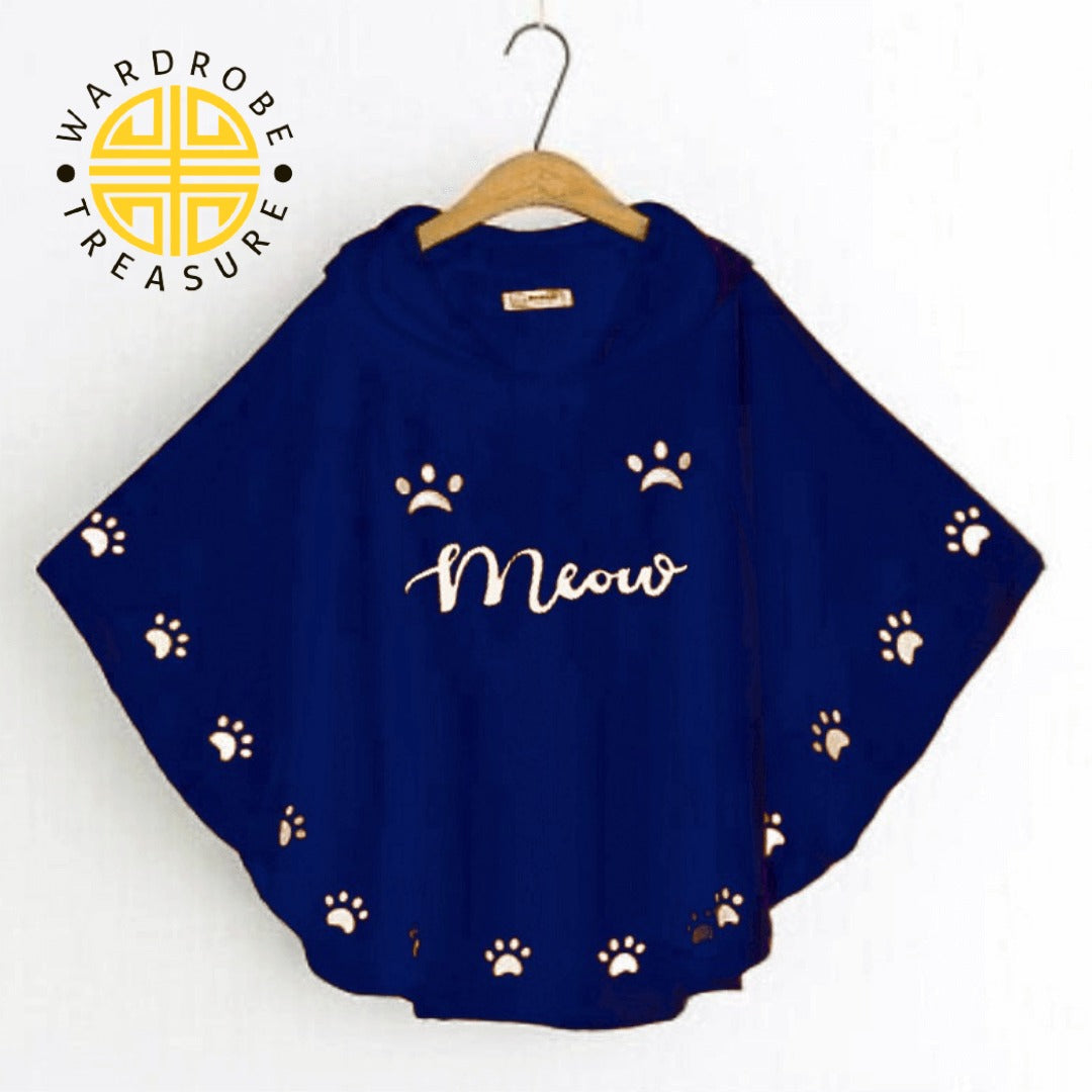 Blue Meow Printed Hood Poncho For Her