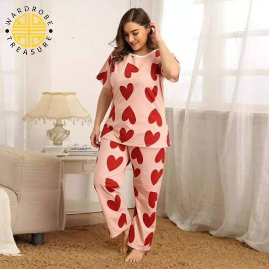 Red Heart Printed Casual PJ Set For Her