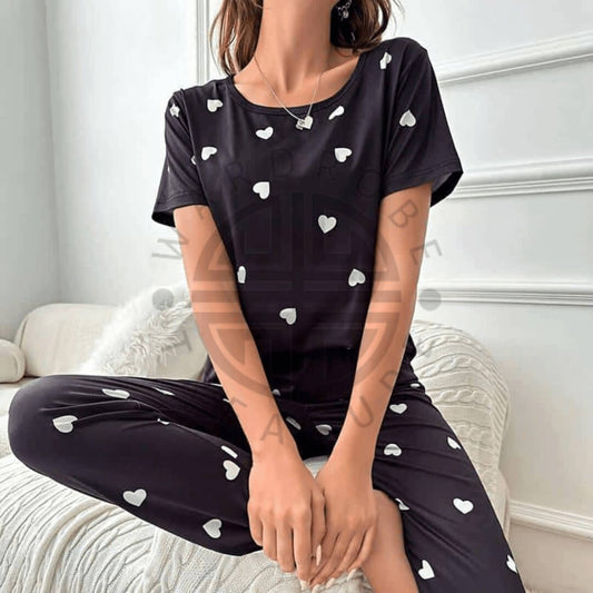 Black with White Heart Printed PJ Set For Her