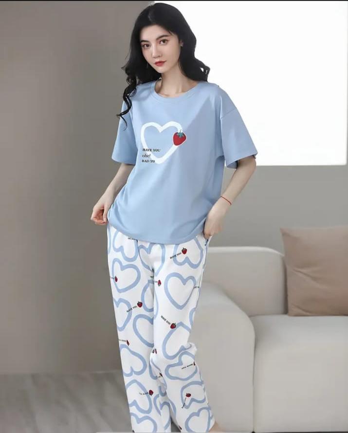 Sky Blue Strawberry Heart Printed PJ Set For Her
