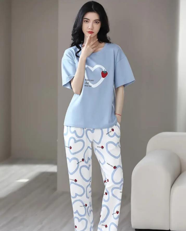Sky Blue Strawberry Heart Printed PJ Set For Her