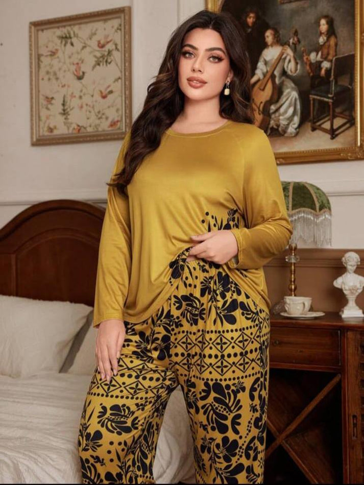 Mustard Yellow with Black Floral with Black Floral Pajama Printed PJ Set For Her