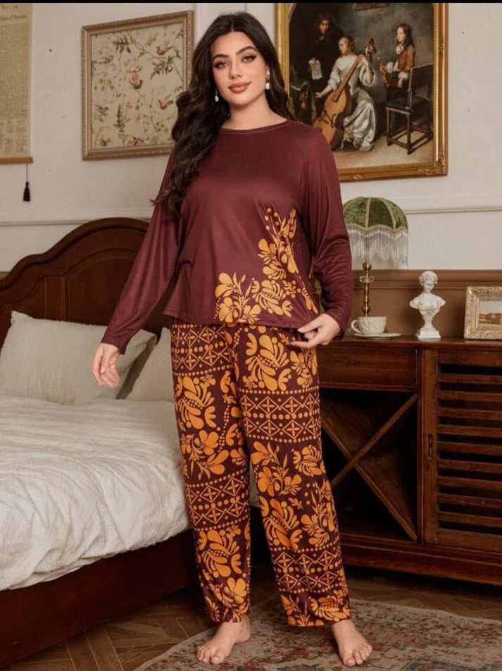 Maroon with Golden Floral with Golden Floral Pajama Printed PJ Set For Her