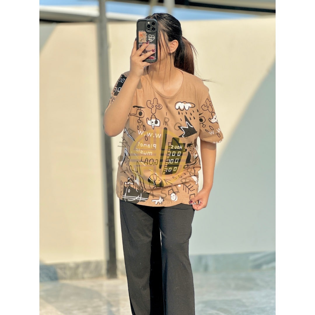 Beige Multi Printed Casual PJ Set For Her