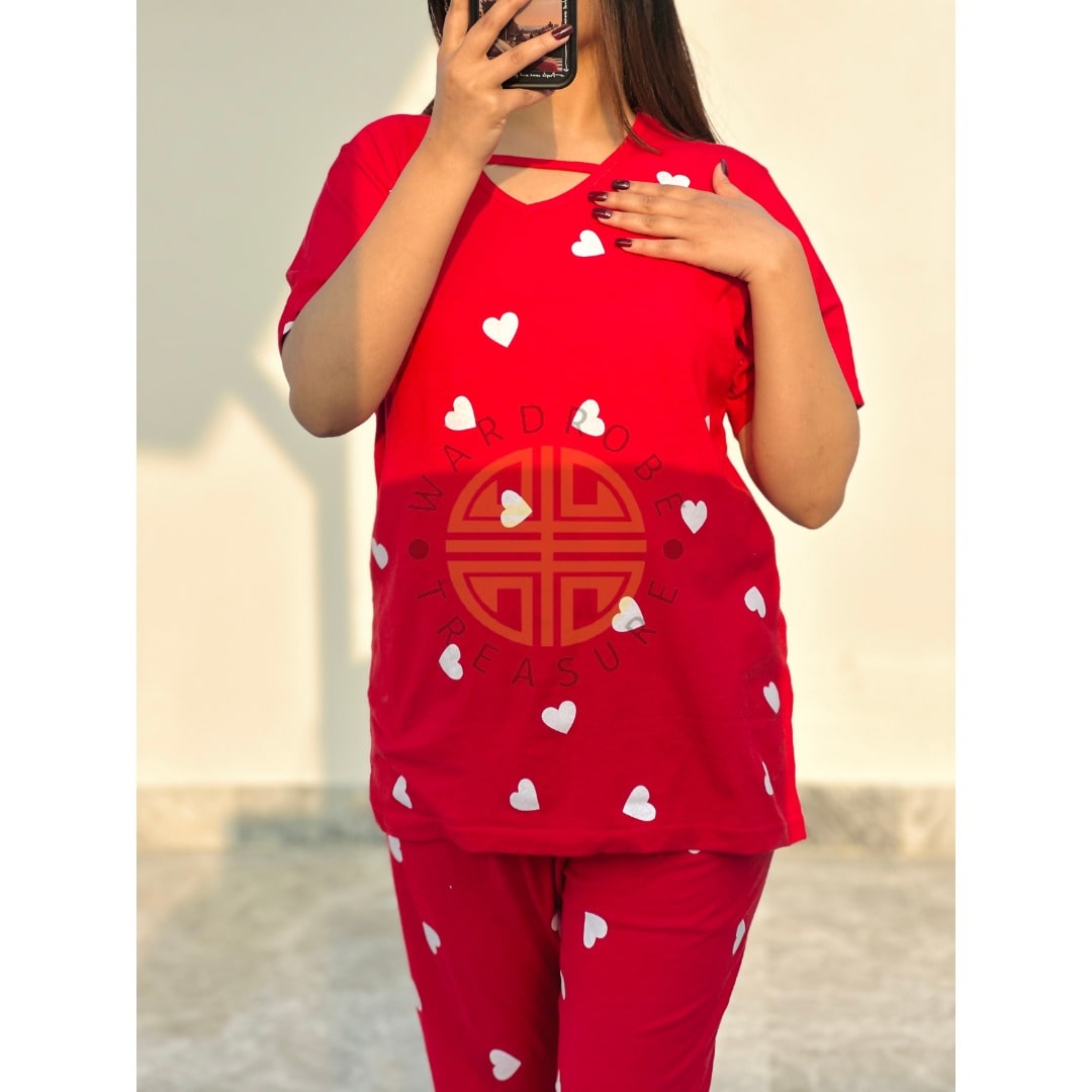 Red with White Hearts Printed PJ Set For Her