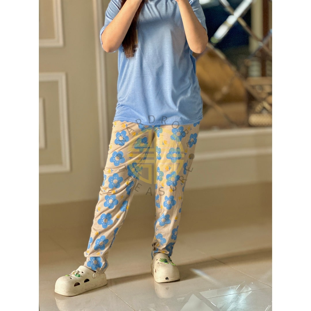 Light Blue Floral Pocket with White Floral Printed PJ Set For Her