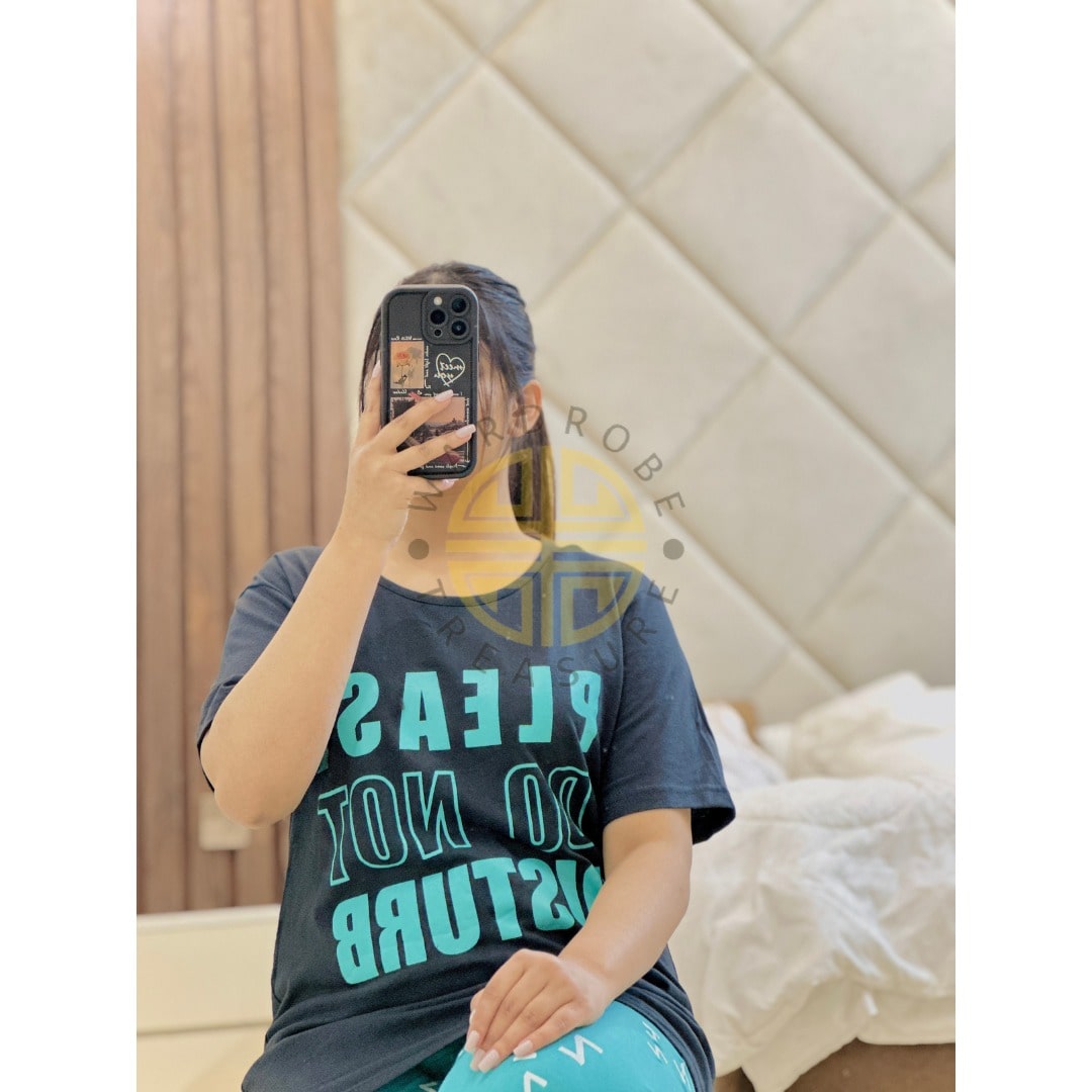 Black Please Do not Disturb with Ice Blue Printed PJ Set For Her