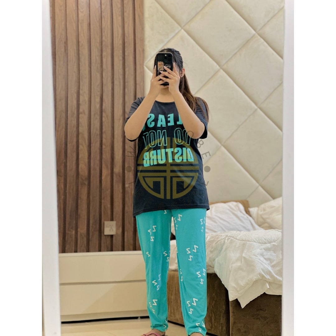 Black Please Do not Disturb with Ice Blue Printed PJ Set For Her