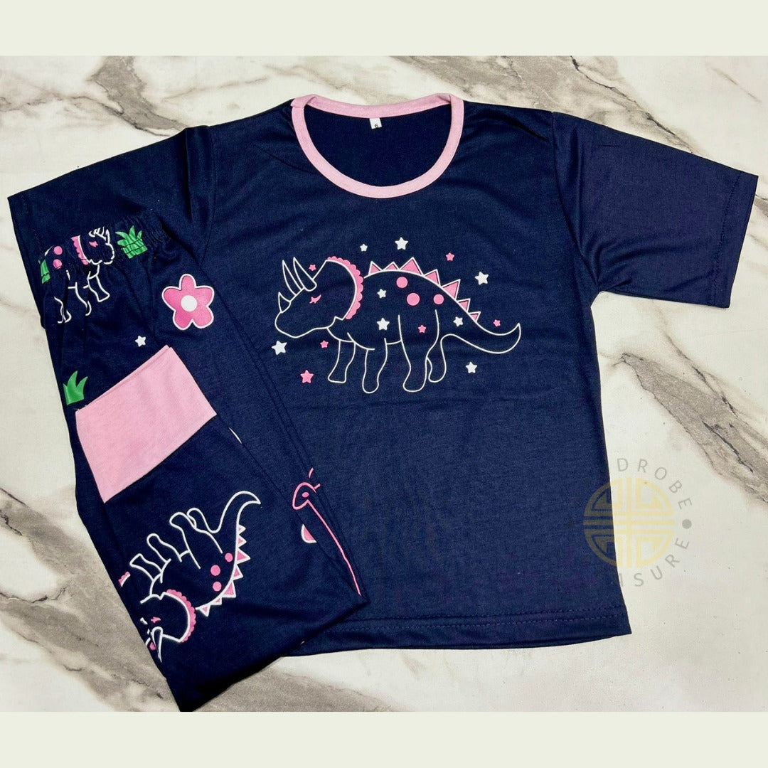 Navy Blue Hippo Half Sleeves Printed T-Shirt with Hippo Printed Pajama For Kids