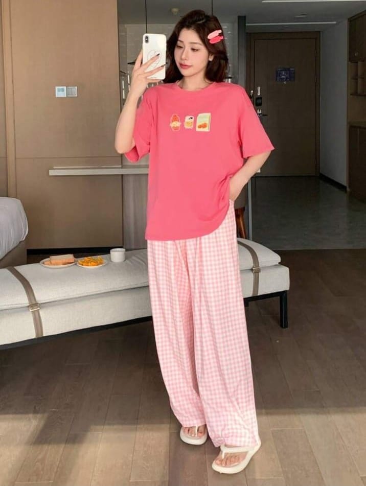 Pink Juices with Cheq Printed PJ Set For Her