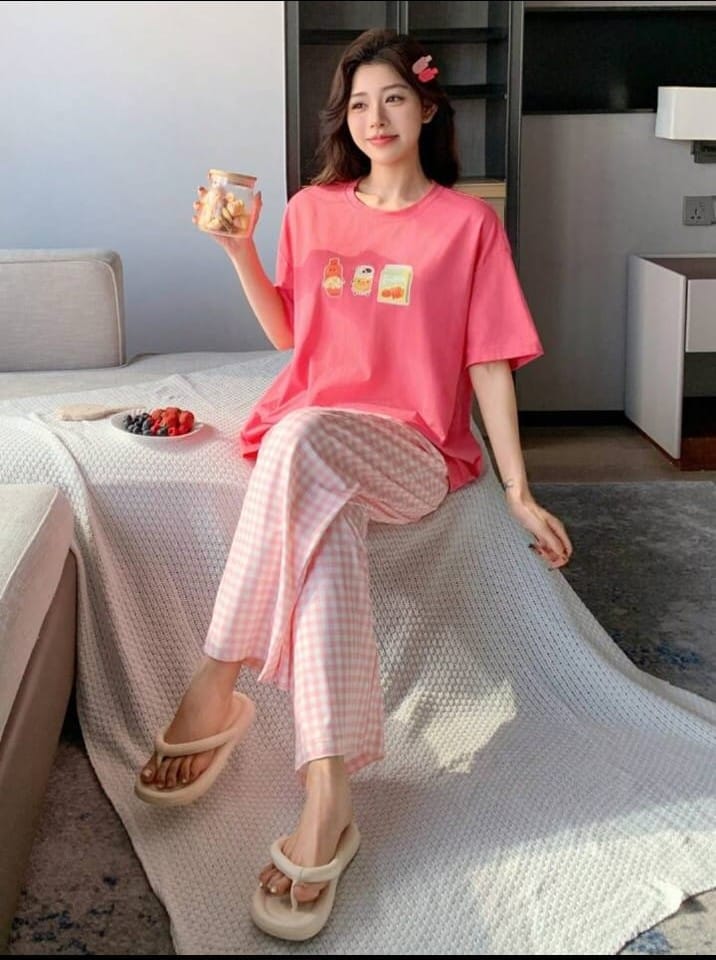 Pink Juices with Cheq Printed PJ Set For Her