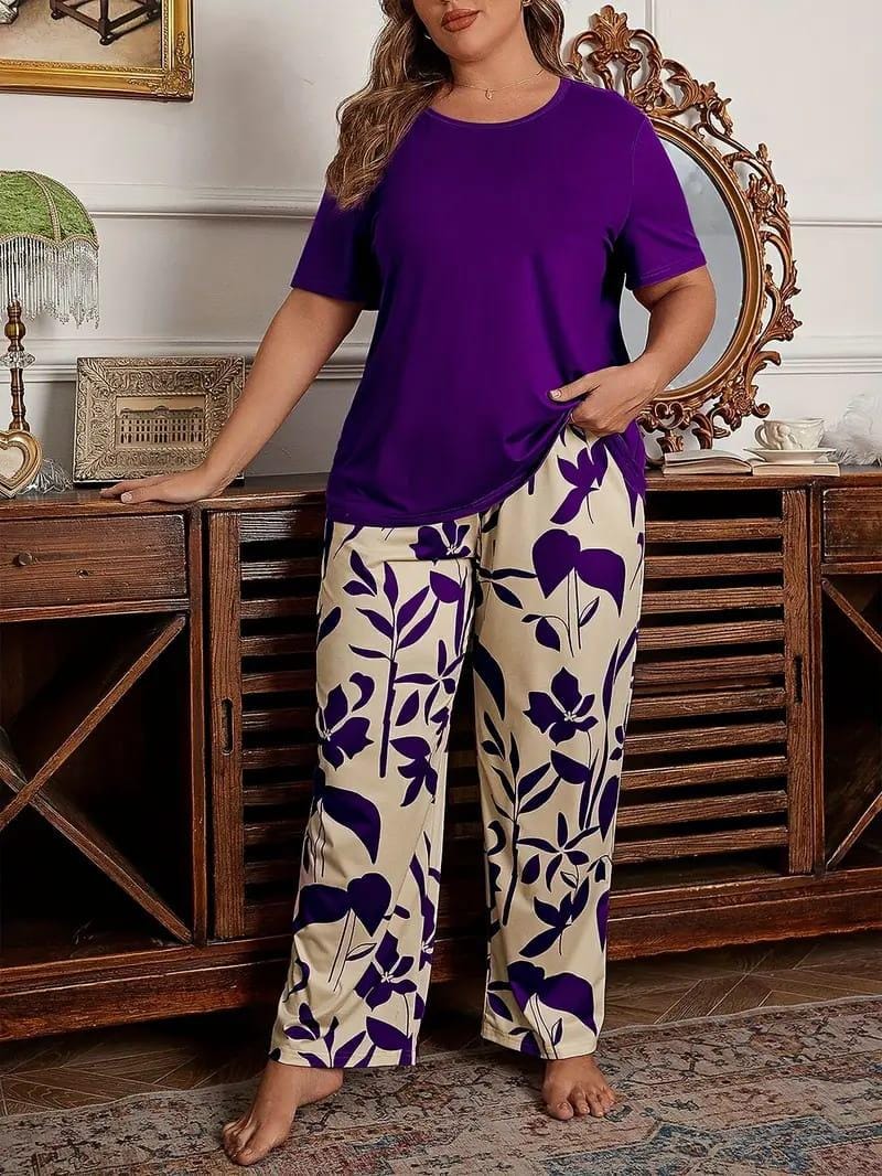 Purple Plain with Off White Leaves Printed PJ Set For Her