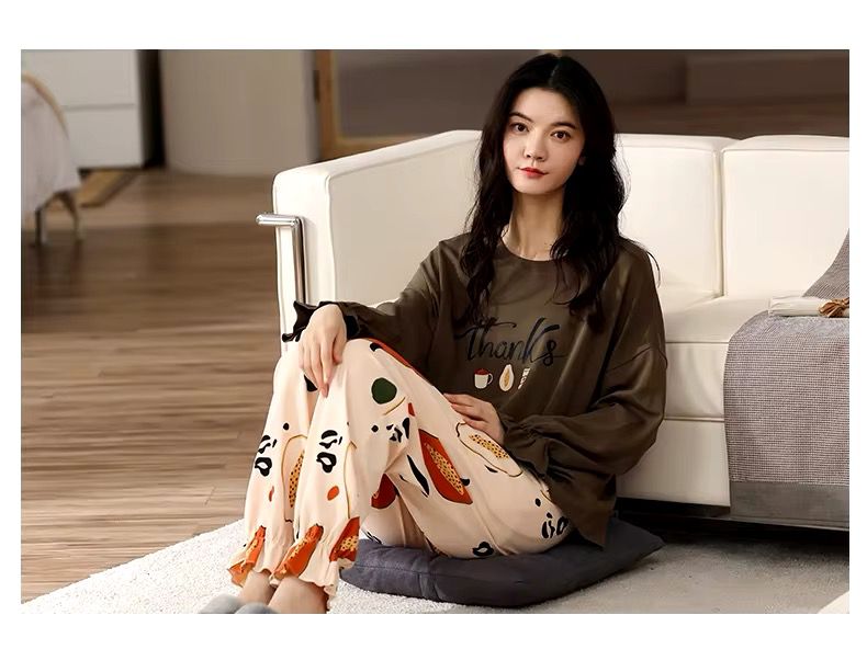 Brown Thanks Printed with Frill Sleeves Printed PJ Set For Her
