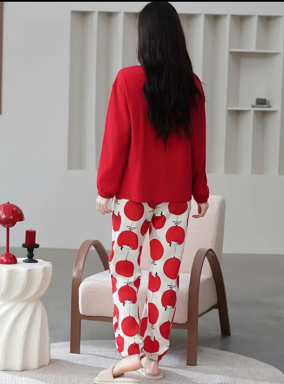 Red Hello Tuesday Printed Full Sleeves PJ Set For Her