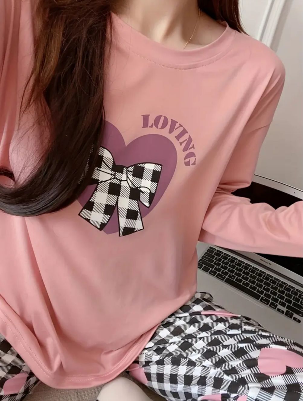 Baby Pink Loving with Cheq Ribbon Printed Full Sleeves PJ Set For Her