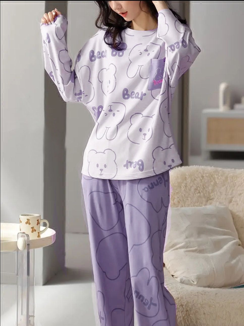 White with Lilac Bunny & Bear Printed Full Sleeves with Lilac Printed PJ Set For Her
