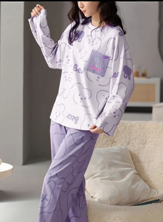 White with Lilac Bunny & Bear Printed Full Sleeves with Lilac Printed PJ Set For Her