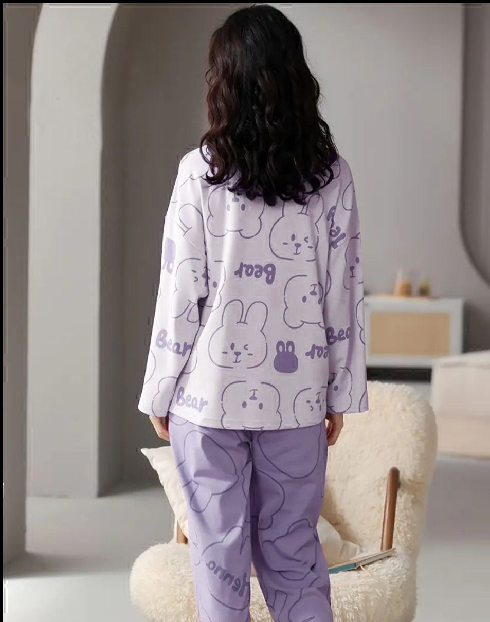 White with Lilac Bunny & Bear Printed Full Sleeves with Lilac Printed PJ Set For Her