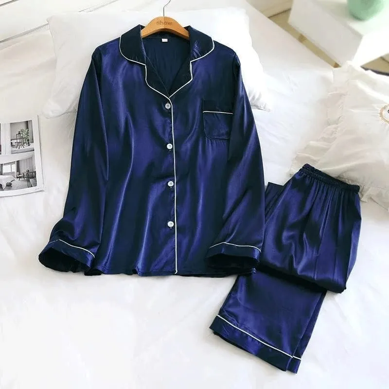 Navy Blue Silk PJ Set For Her