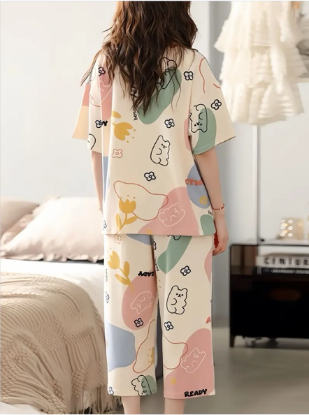 Off White with Multi Bear Pattern Printed PJ Set For Her