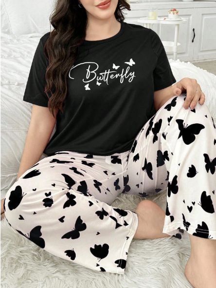 Black Butterflies with White Butterflies Printed PJ Set For Her