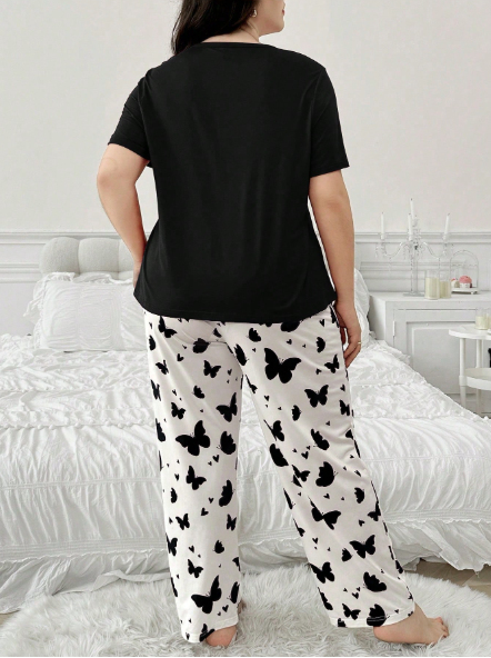 Black Butterflies with White Butterflies Printed PJ Set For Her