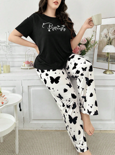 Black Butterflies with White Butterflies Printed PJ Set For Her