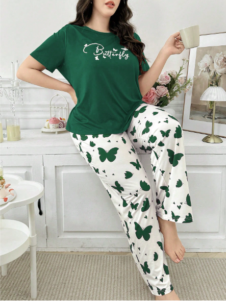 Green Butterflies with White Butterflies Printed PJ Set For Her