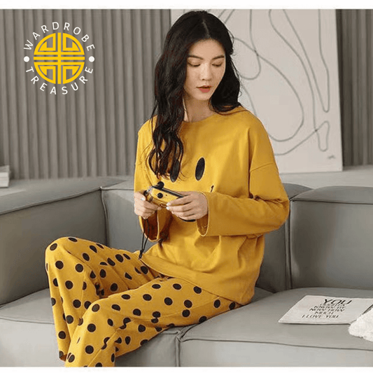 Yellow Smiley Printed Casual PJ Set For Her