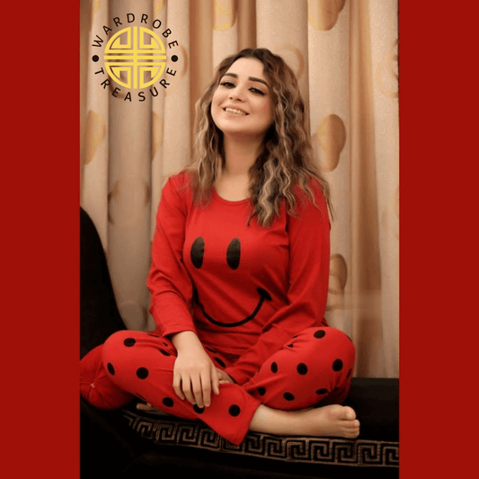 Red Smiley Printed Casual PJ Set For Her