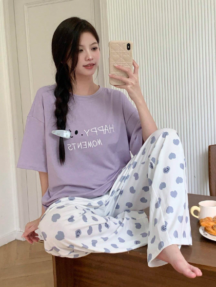 Lilac Happy Moments with Hearts Printed PJ Set For Her