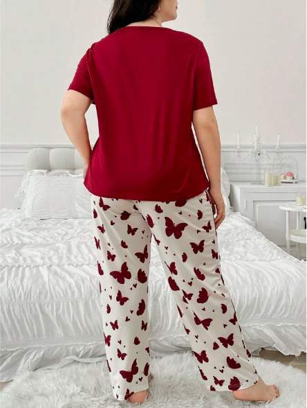 Maroon Butterflies with White Butterflies Printed PJ Set For Her