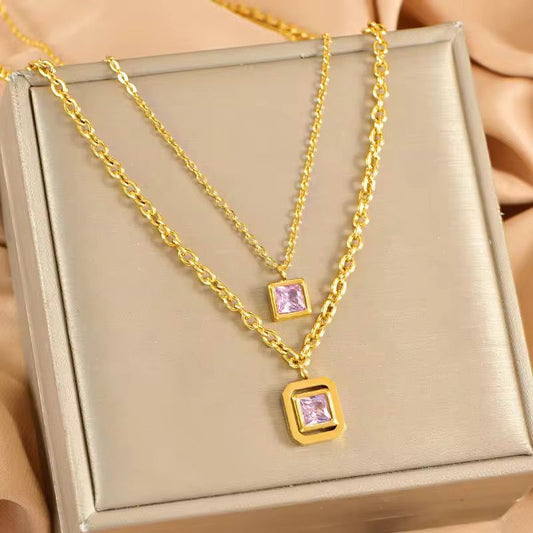 2 Layer Necklace with Pink Stones