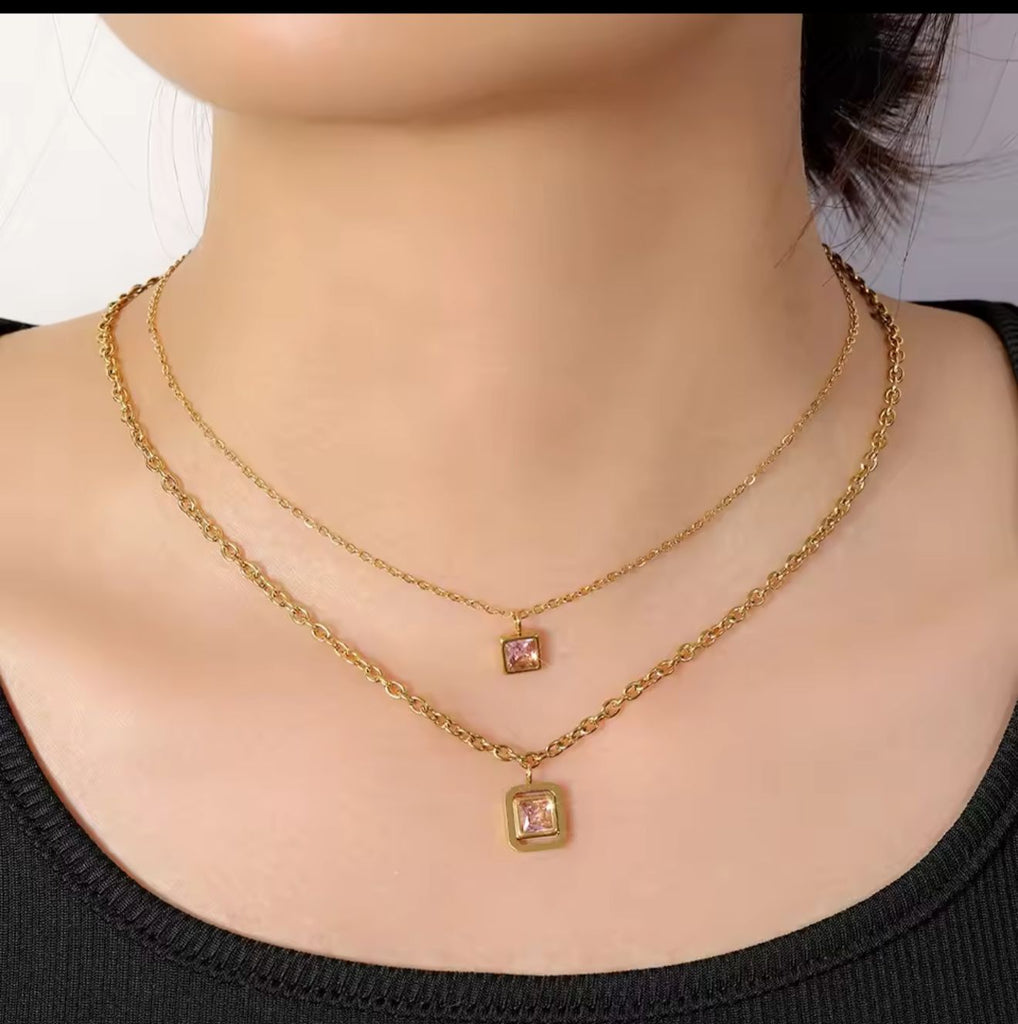 2 Layer Necklace with Pink Stones