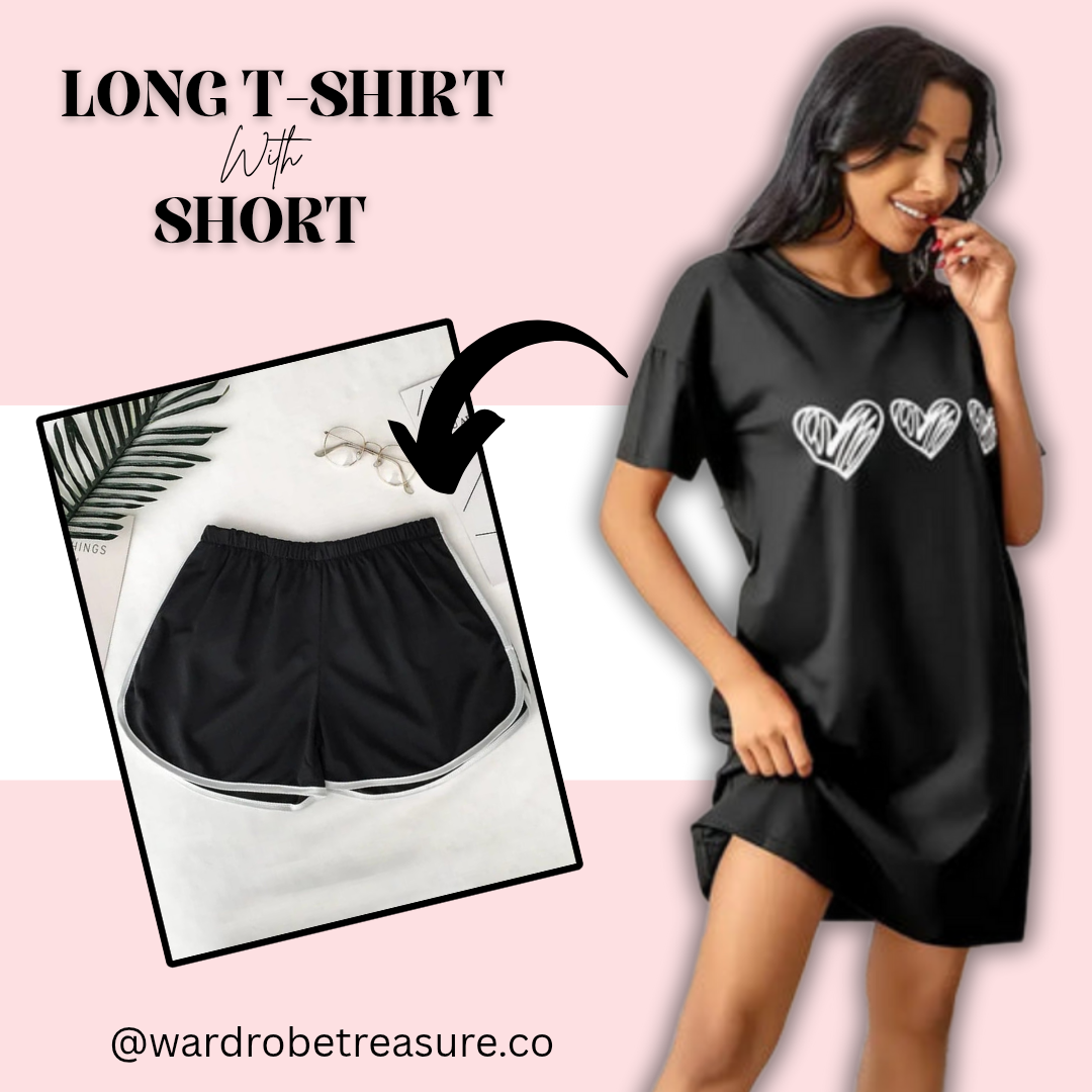 Black with White Hearts Printed Long Tee For Her