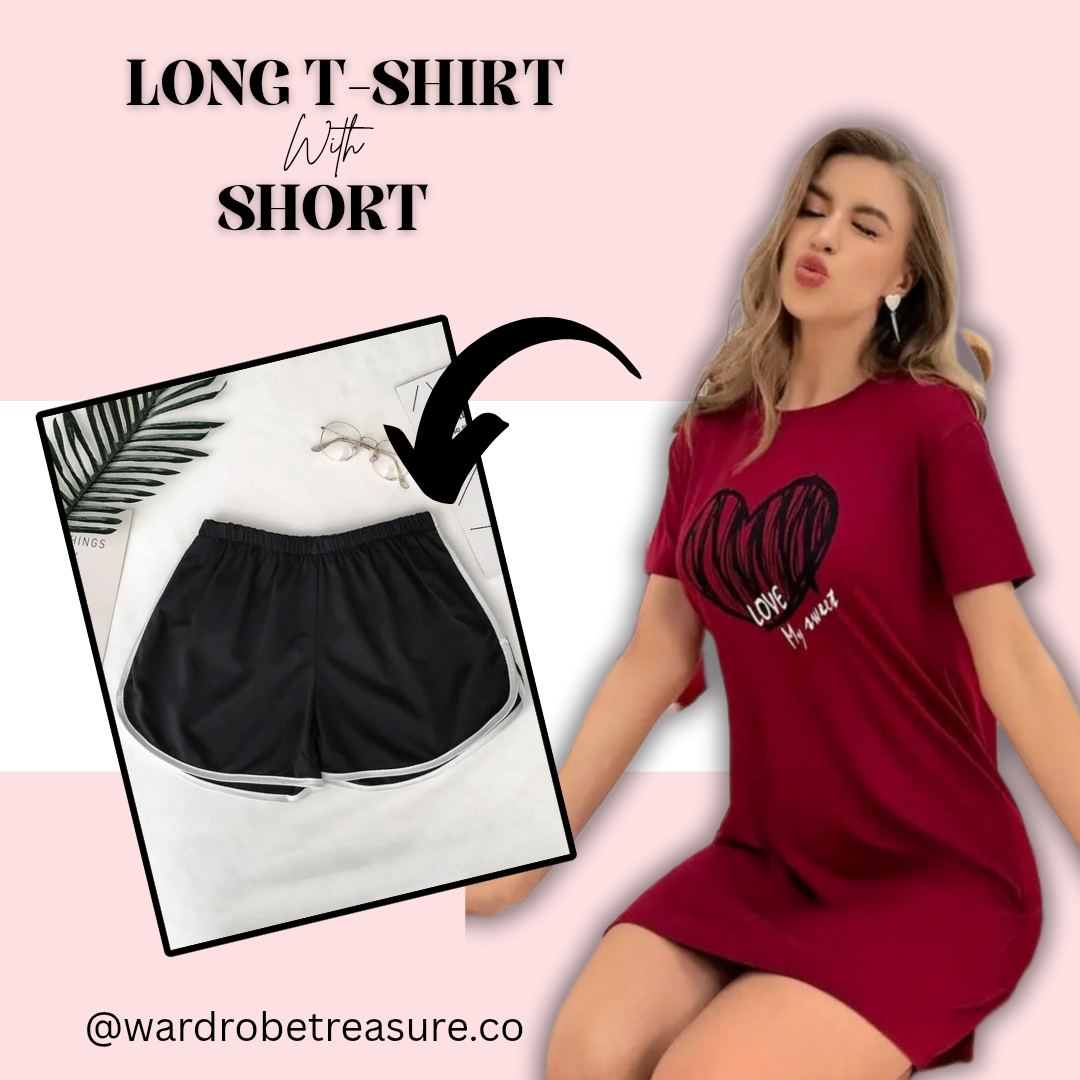 Maroon Love Heart Printed Long Tee For Her