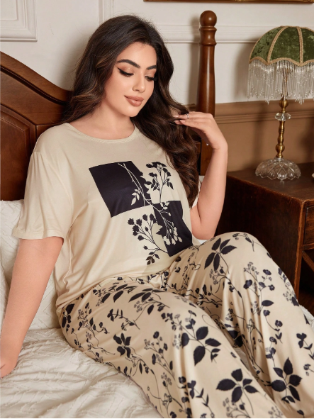 Off White Leaves with Leaves Printed PJ Set For Her